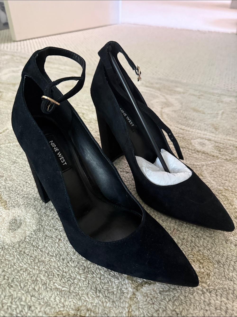 Nine West Black Suede Pointed Ankle-Strap Block Heels size 8.5